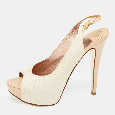 Pre-owned Gina Beige Python Leather Peep Toe Platform Slingback Sandals Size 38.5