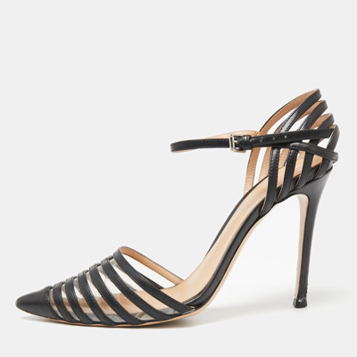 Pre-owned Gianvito Rossi Black Leather And Pvc Caged Ankle-strap Pointed-toe Pumps Size 36.5