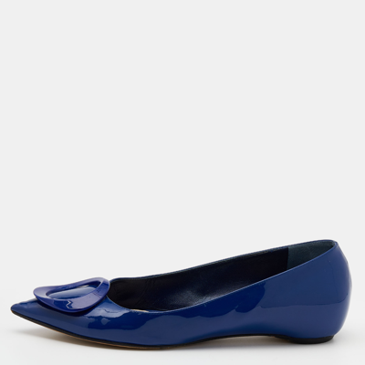 Pre-owned Dior Blue Patent Leather Embellished Ballet Flats Size 39