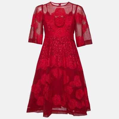 Pre-owned Dolce & Gabbana Red Tulle & Lace Trimmed Flared Dress M