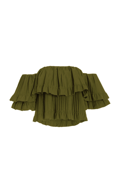 Brandon Maxwell Exclusive Pleated Poplin Cropped Top In Olive