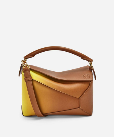 Loewe X Paula's Ibiza Small Puzzle Edge Degrade Leather Shoulder Bag In Tan / Lemon