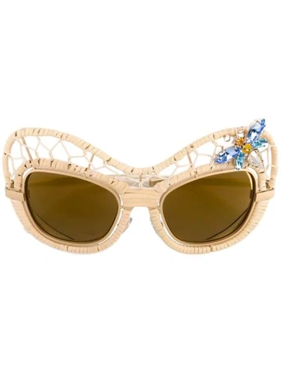 Dolce & Gabbana Gold Crystal Embellished Straw Sunglasses In Nude&neutrals