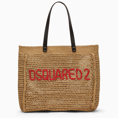 Dsquared2 Embroidered Logo Rafia Shopper In Beige