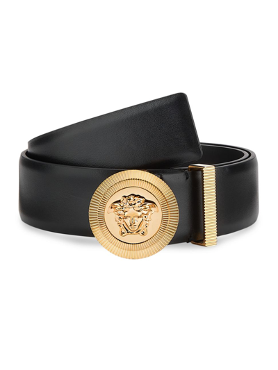 Versace Men's Medusa Biggie Leather Belt In Black  Gold