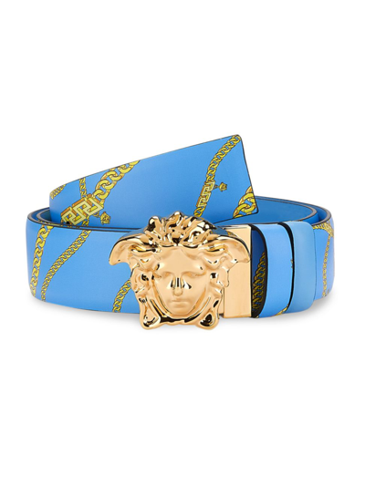 Versace La Medusa Chain Print Leather Belt In Sky Gold