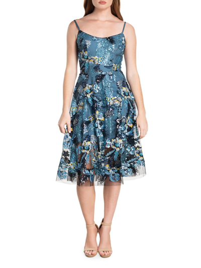 Dress The Population Uma Embroidered Fit & Flare Dress In Blue