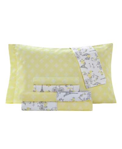 Jessica Sanders Lovely Turnstyle Reversible Printed Super Soft Deep Pocket California King Sheet Set, 6 Pieces Beddi In Lemon Meringue