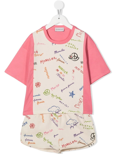 Moncler Kids' Graphic-print Short-sleeved Tracksuit In Neutrals