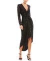 Mac Duggal Metallic Sequin Long Sleeve Faux Wrap Dress In Black