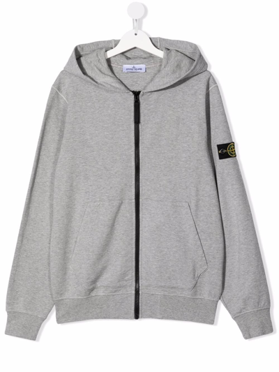 Stone Island Teen Compass-motif Patch Zip-up Hoodie In Grey
