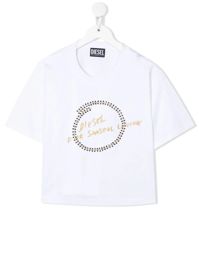 Diesel Teen Embellished-logo Cotton T-shirt In White