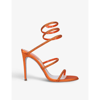René Caovilla Cleo Crystal-embellished Leather Heeled Sandals In Bright Orange