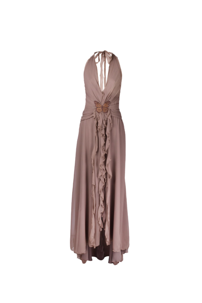 Blumarine Ruffled Halterneck Evening Dress In Fango | ModeSens