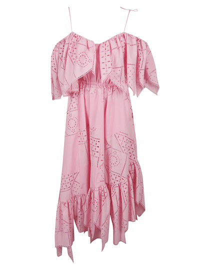 Msgm Perforated Detail Asymmetric Ruffle Dress In Light Pink