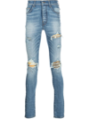 Amiri Mens Dark Indigo Mx1 Distressed Slim-leg Stretch-denim Jeans In Blau
