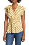 Maxstudio Gingham Smocked Waist Flutter Blouse In Citron Yellow