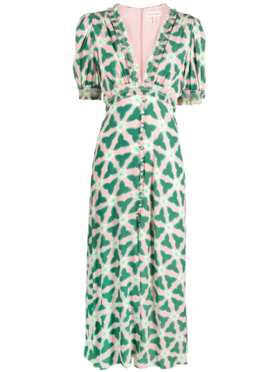 Saloni Lea Graphic-print Puff-sleeve Dress In Sugar
