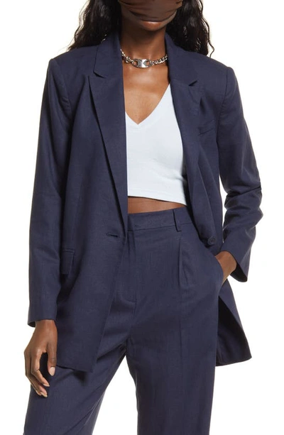 Open Edit Oversize Linen Blend Blazer In Navy Blazer