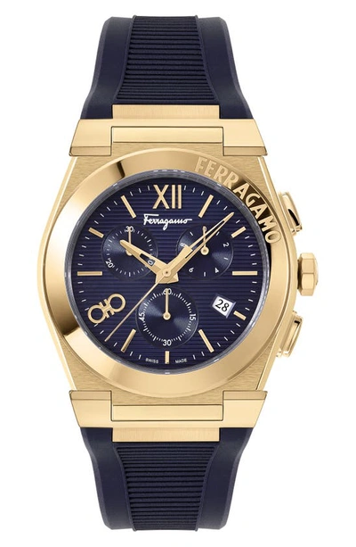 Ferragamo Men's Swiss Chronograph Vega Blue Silicone Strap Watch 42mm In Ip Yellow Gold