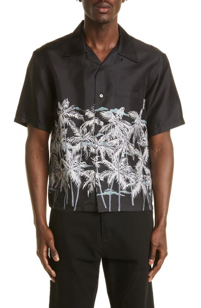 Palm Angels Palm Tree-print Silk Shirt In Black