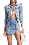 Retroféte Ada Puff-sleeve Distressed Denim Jacket In Light Blue Stone