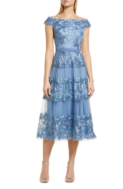 Tadashi Shoji Floral Embroidered Off-the-shoulder A-line Dress In Blue Stone