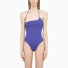 Attico Ribbed Cross Tie One Piece Swimsuit In Purple