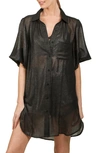 Nikki Lund Oversize Metallic Button-up Tunic Shirt In Black
