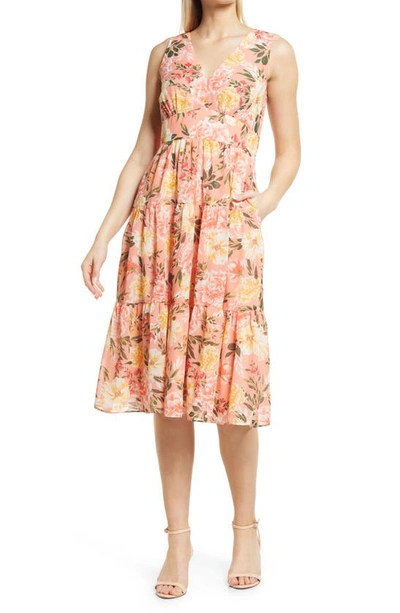 VINCE CAMUTO VINCE CAMUTO FLORAL SLEEVELESS TIERED RUFFLE MIDI DRESS