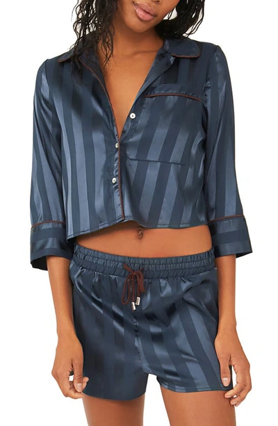 Free People Pillow Talk Satin Stripe Short Pajamas In Stormy Navy