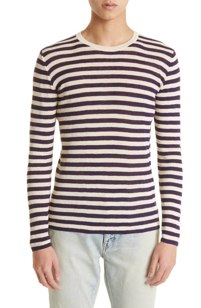 Saint Laurent Striped Crewneck Ribbed Knit Jumper In Purple