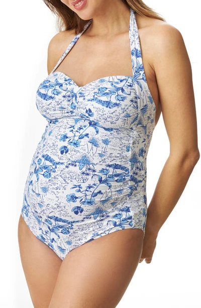Pez D'or Toile De Jouy One-piece Maternity Swimsuit In White/ Blue