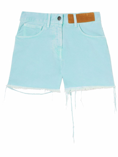 Palm Angels Green Frayed Denim Shorts In Azzurro