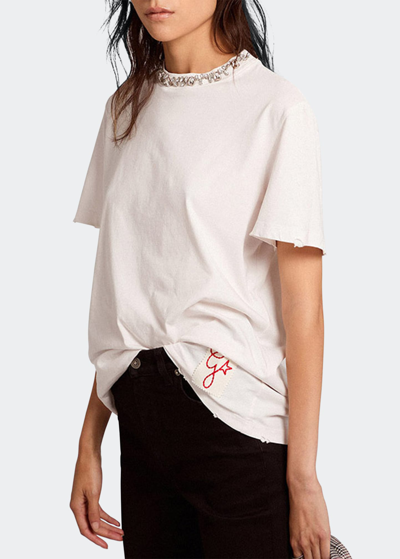 Golden Goose Distressed Short-sleeve Embellished T-shirt In White