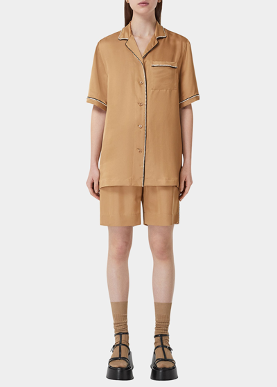 Burberry Tierney Crystal Embellished Silk Pajama Shirt In Camel