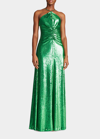 HALSTON RUCHED SEQUIN HALTER GOWN