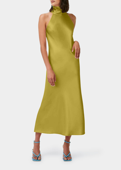 Galvan Sienna Gold Halterneck Satin Midi Dress In Olive
