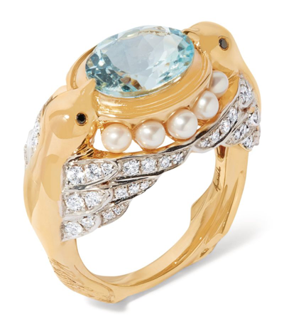 Annoushka X Temperley Yellow Gold, Aquamarine And Diamond Lovebirds Ring (one Size)