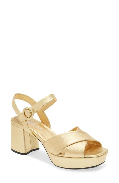 Prada Criss Cross Metallic Leather Platform Sandals In Platino