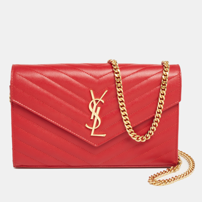 Pre-owned Saint Laurent Red Matelasse Leather Monogram Chain Clutch