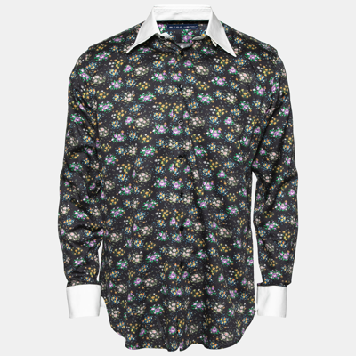 Pre-owned Etro Midnight Blue Floral Printed Cotton Contrast Collar & Cuff Detail Shirt M