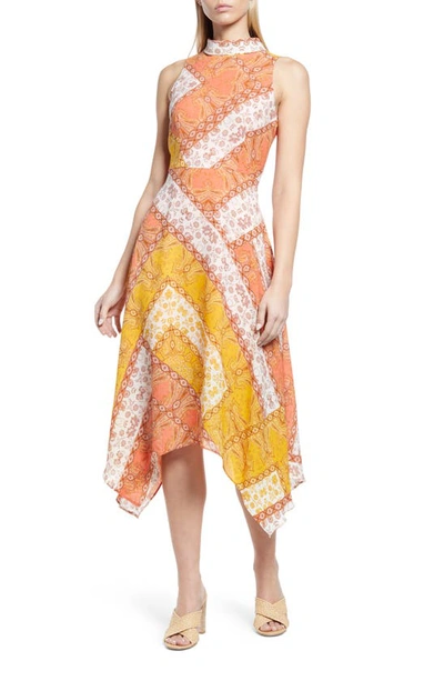Vince Camuto Scarf Print Handkerchief Hem Crêpe De Chine Midi Dress In Tangerine