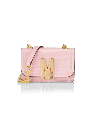 Moschino M Logo Croc-embossed Leather Shoulder Bag In Pink