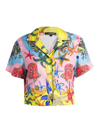 Versace Cropped Printed Silk-twill Pajama Shirt In Multicolour