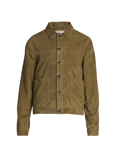 Officine Generale Leo Slim-fit Pleated Suede Jacket In Green Army