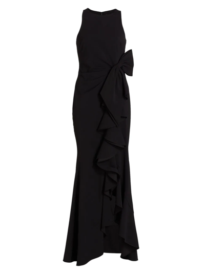 Badgley Mischka Odessa Asymmetric Sleeveless Column Ruffle-skirt Gown In Black