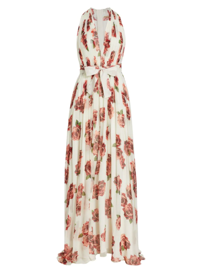 Adam Lippes Waterfall Belted Pleated Floral-print Silk-chiffon Maxi Dress In Ivory Floral