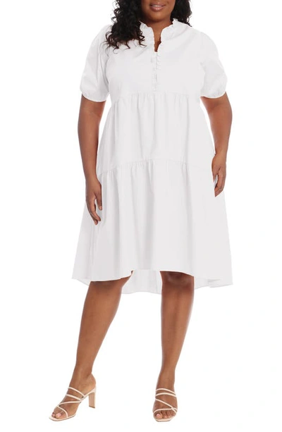 London Times Plus Size Ruffle-neck Tiered High-low Dress In White