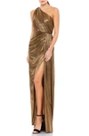 Mac Duggal Metallic Draped One Shoulder Grecian Dress In Antique Gold